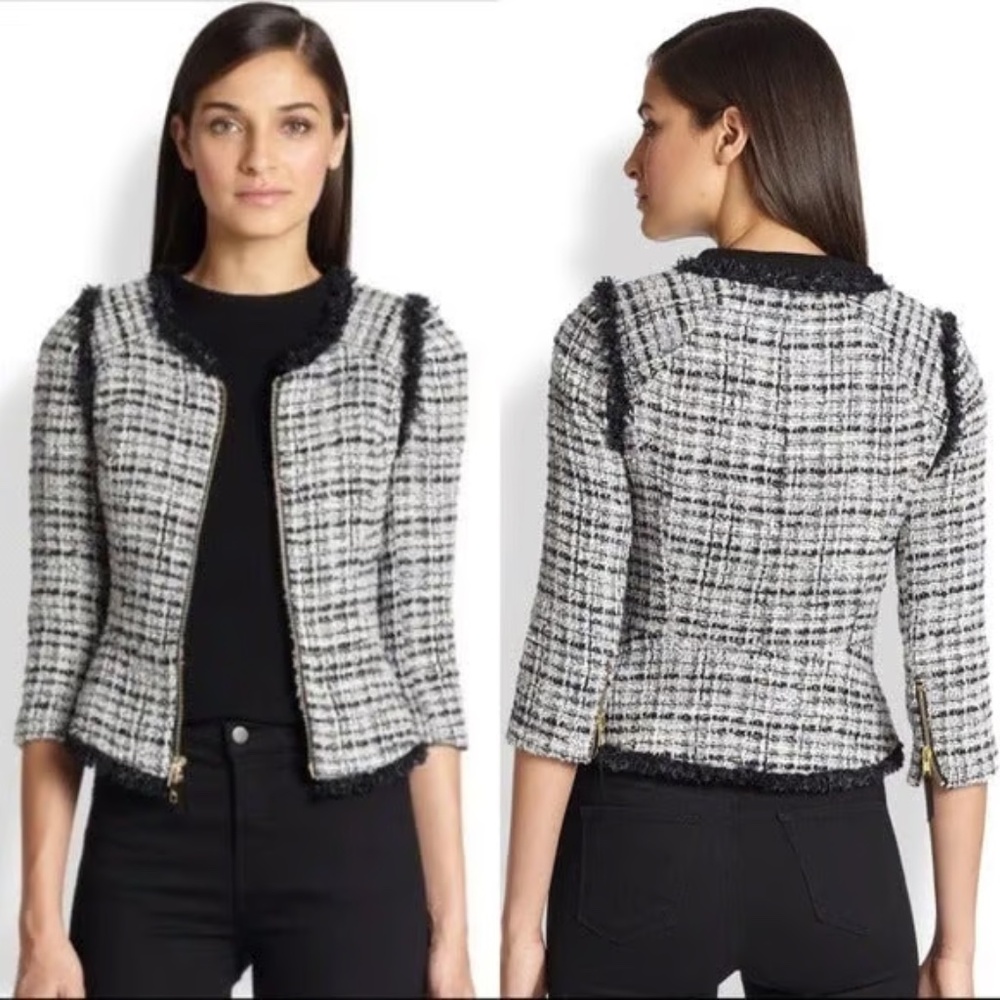 MILLY Plaid Houndstooth Fringe Wool Blazer | Women’s Chic Jacket